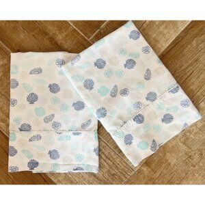 PAIR Sea Shell Pillowcases Std Queen 60% PIMA COTTON Ocean Summer Blue Nautical